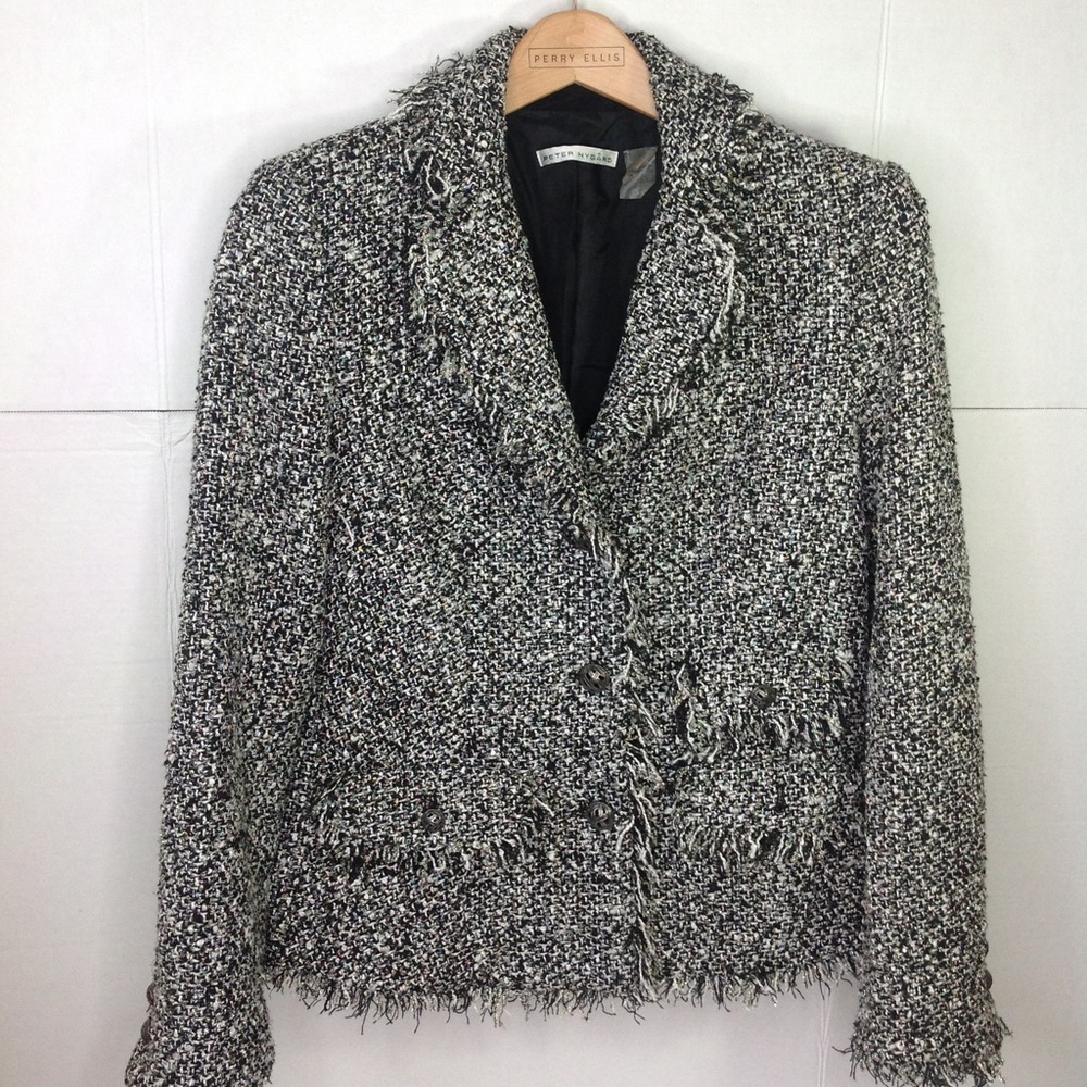 Peter Nygard Black Metallic Blazer Pearl  Fringe